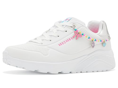 Skechers Uno Lite- Charming Lite with Charm Bracelet Detail - Low Top Lace Up Shoes for Kids White Synthetic/Silver Trim 11H