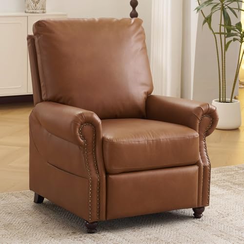 Pushback Recliner Chair with Massage and Heat, Breathable Leather Recliner Chair with Overstuffed Backrest and Rivet Decoration, Single Sofa Accent Chair for Living Room, Camel