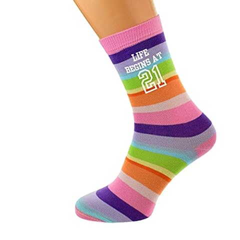 Life Begins at 21 Design 21st Birthday Pastel Rainbow Coloured Stripes Ladies Socks Cover