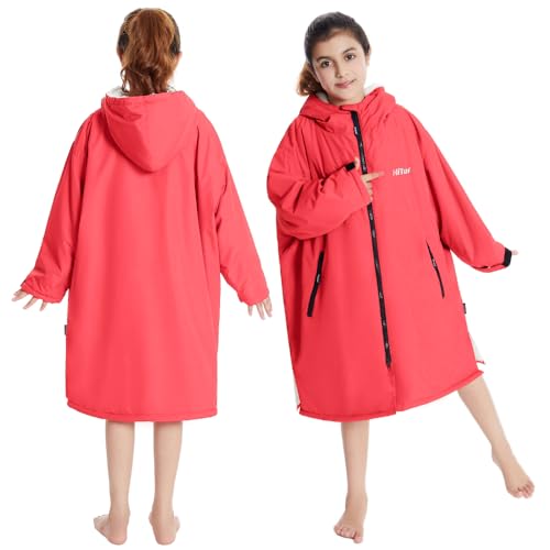 Image of Hiturbo Warm Kids Swim Parka: Waterproof Changing Robe - Oversize Swimming Coat - Hooded Surf Poncho - Thick Lining (7-14Y)