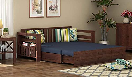 Image of Solid Sheesham Wood Sofa Cum Bed with Storage Side Pocket- 3 Seater Wooden Sofa Bed for Living Room | Convertible Diwan Bed with Cushions Mattress | Modern Space Saving Furniture (Blue)