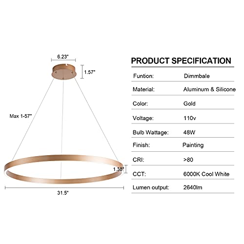 Image of MADEM Modern 31.5'' LED Chandelier 1-Ring Circular Dimmable Pendant,Gold | Flush Mount Pendant Lighting for Living Room Dining Room, Bedroom, 31.5'' x 1.38'', 3000K-6000K