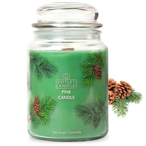 Pine Candle 623g: 85 Hour Burn Time - Crackling Wooden Wick Candle in Luxury Gold Foil Lined Gift Box by Spotless Leopard - Big Scented Candles