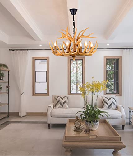Durahonn Retro Antler Chandelier Lighting,6 Light Antler Deer Chandelier,Vintage Style Antler Pendant Light For Coffee Shop, Living Room, Clothing Store (6 Lamp Antlers + 3 Antlers) #TOP6