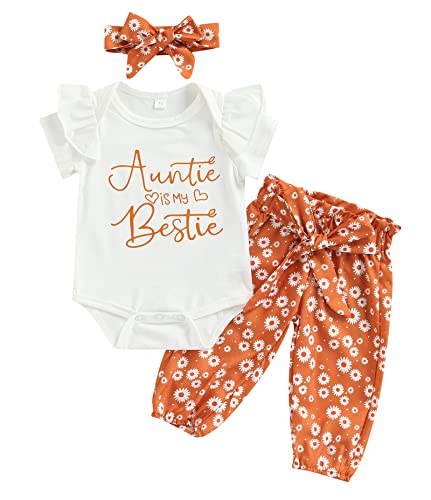 MAINESAKA Newborn Baby Girls 3pcs Outfit Set Auntie's Bestie Romper + Floral Pants Clothing Set