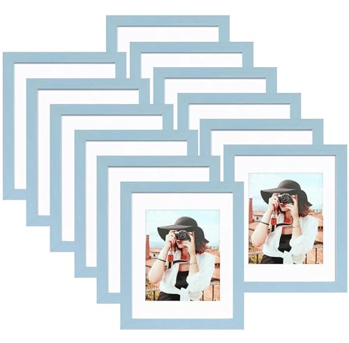 Image of Picrit 8x10 Picture Frame Set of 12, Display 5x7 with Mat or 8x10 Without Mat, Photo Frames for Wall Mounting or Table Top Display, Blue.
