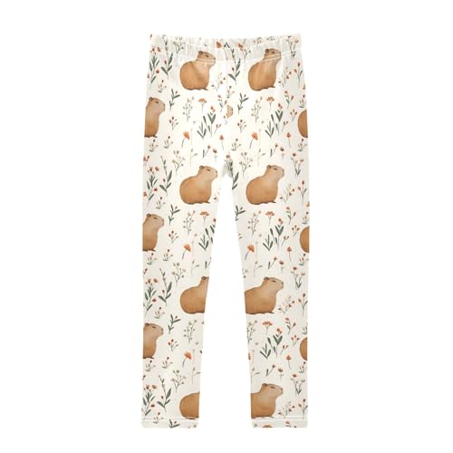Capybara with Flowers Cute Print Girls Leggings Soft Comfortable Athletic Leggings Dancing Pants for 4-10 Years
