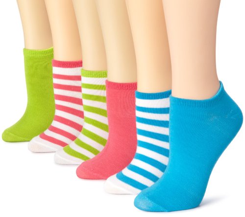 K. Bell Women's 6-Pack Stripe & Solid No Show Socks, White, Shoe Size: 4-10