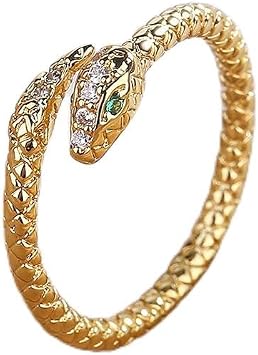 925 Sterling Silver Vintage Snake Open Rings with Sparkling Cubic Zirconia Clear Crystal Adjustable Band Personalized Gold Plated Stacking Statement Jewelry Ring for Women Gold