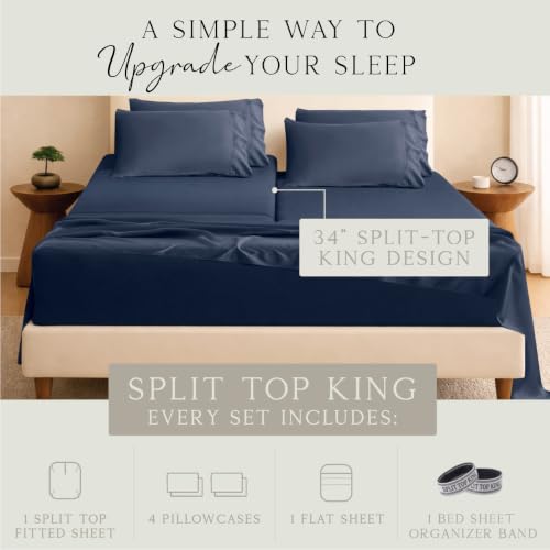 Image of KARISSA MAE 6 Piece Luxury Bamboo Viscose 34 inch Split Top King Size Sheet Set | Single 34 inch Split Fitted Sheet | Sleep Number & Adjustable Bed | Cooling | 18 inch Deep Pocket | 4 Pillowcases [Navy]