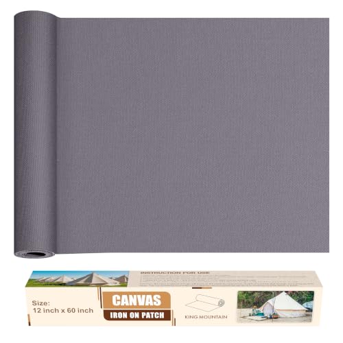 KING MOUNTAIN Canvas Iron on Patch,12"×60",Waterproof 100% Cotton Fabric Repair Patch,Used for Various Sofa,Tent,Clothes,Seats,Suitcases (Grey1.0,Waterproof)