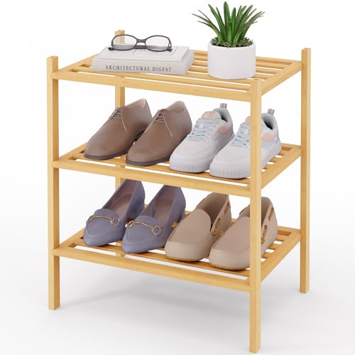 Image of Smiry Bamboo Shoe Rack, 5 Horizontal Slats, 3 Tier - 17.3 inch Wide, Natural