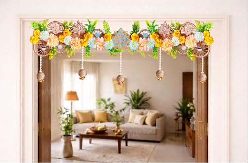 Image of Divyakosh Handmade Flower Toran for Door 40 Inch | Lotus Floral Bandhanwar with Hanging Beads | Door Hanging for Home Entrance | Diwali, Wedding, Festive Decoration | Traditional Indian Wall Decor