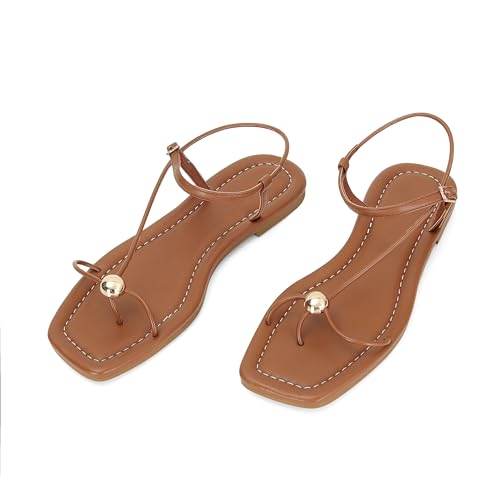 XBKXMK Brown Strappy Flat Sandals for Women Comfortable Dressy Summer Beach Thong Sandals Flip Flop Slide Sandal Size 9 by XBKXMK - Used condition - Image 3