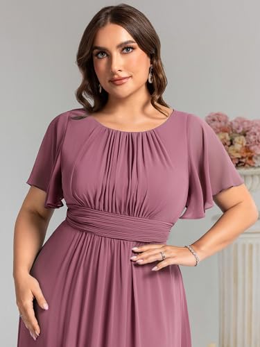 Image of Ever-Pretty Plus Elegant Formal Dresses for Curvy Women Round Neck Short Sleeves Chiffon Bridesmaid Mother of The Bride Dress
