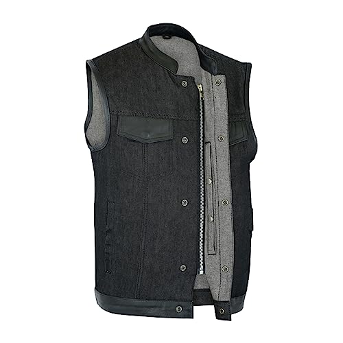 Daniel Smart Biker Vest for Men Denim Leather Detailing Motorcycle Vest with Scoop Collar Design & Concealment Carry Pocket