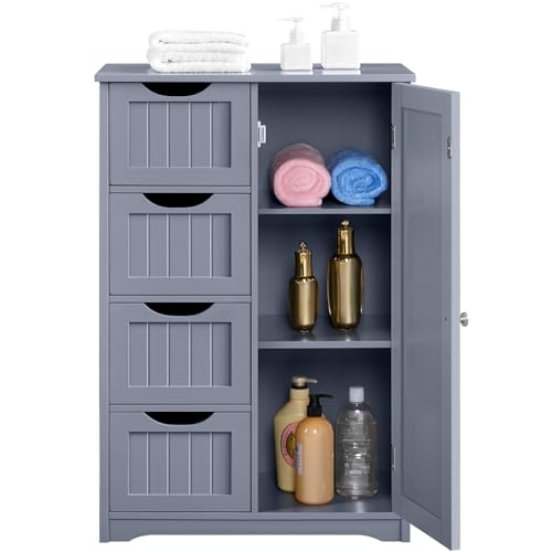 Yaheetech Meuble Salle de Bain Rangement, Armoire Rangement avec 4 Tiroirs/1 Porte/Etagère Réglable, Meuble Rangement pour Salle de...