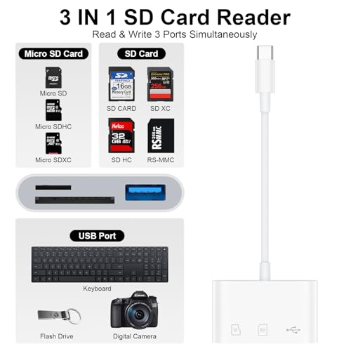 USB C to USB Camera Adapter,SD Card Reader for iPhone 15 16,3 in 1 Memory Card Adapter with Dual Card Slots & USB Port for Samsung Galaxy S25 Ultra Plus S24,Pixel 9 Android Trail Camera Card Reader