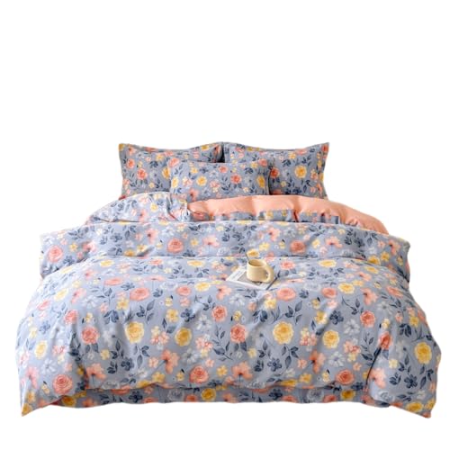 Dokiwaki Rose Floral Duvet Cover Queen Brushed Cotton Reversible Girls Comforter Cover Flowers Print Breathable Botanical Bedding 3pcs Set with Zipper Closure and Pillow Shams Lilac