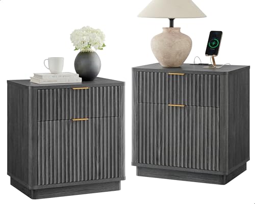 T4TREAM 23'' Fluted Nightstand Set of 2 with Charging Station, Large 2 Drawer Side Table, Modern End Table with Storage, Mid Century Bedside Table for Bedroom, Living Room, Curved Profile, Dark Alder
