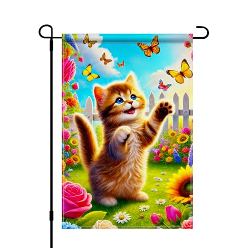 BlissYard Spring Cute Kitten Playful Flower Garden Flag 12x18" Burlap