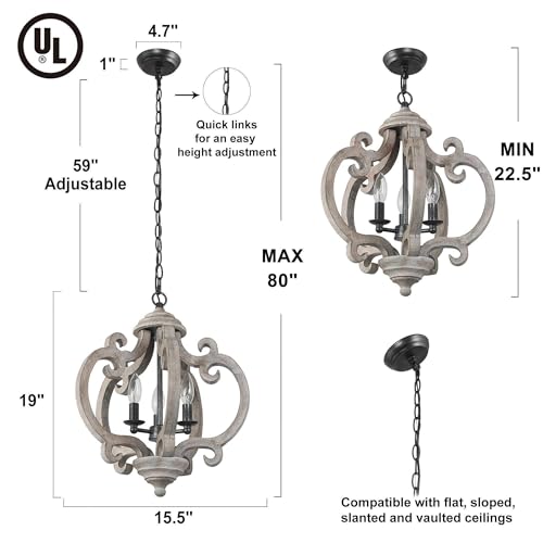 LALUZ Farmhouse Chandelier, 3-Light Rustic Orb Pendant Lights Lantern Lighting, 15.5'' Distressed Wood Chandeliers Hanging Light Fixtures for Dining & Living Room, Kitchen Island, Bedrooms, Foyer by LALUZ - Image 5