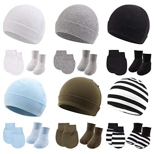 Image of PESAAT Newborn Boy Beanie 0-6 Months Cotton Baby Girls Hats Mittens Autumn Winter Newborn Hospital Hat (6 Colors（Hat,Gloves,Socks）)