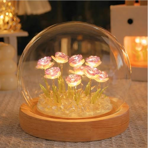 One94Store Rose LED Night Lamp | Wooden Base Circle Shape with 9 Artificial Dual Shade Rose Flowers (Purple & White) | Table Decoration Light for Bedroom, Party, Birthday & Anniversary Gift