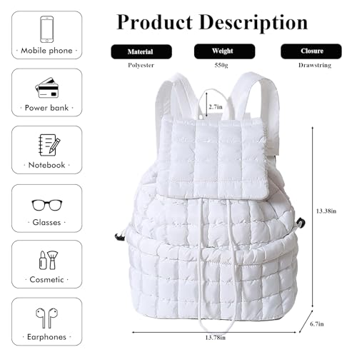 Quilted Backpack For Women Lightweight Trendy Puffer Cotton Top Flap Drawstring Backpack Travel Cloud Gym Bag (White)2
