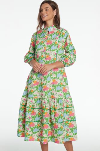 Image of D-Sun Women Floral Maxi Dress Elegant Printed Button Down 3 /4 Puff Sleeve Tiered A-Line Flowy Party Long Dress with Pocket