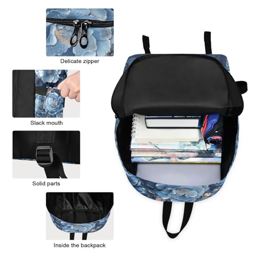 Backpack Lunch Bag Set Luxurious Blue Flower Print, Big Storage Travel Backpacks with Insulated Lunch Box for Office Hiking Picnic3
