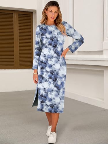 Image of ANRABESS Womens 3 /4 Sleeve Midi T Shirt Fall Dresses | Striped Solid Floral,Long Sleeve Slit Crew Neck &Chest Pocket,2026 Fall Outfits,Casual Travel Vacation Clothes,Summer Spring