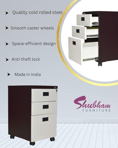 Image of Shubham Furnitures 3 Drawer Steel Pedestal Cabinet | Lockable Powder Coated Filing Cabinet for Files, Documents & Stationery | Office Storage Unit (Brown, Pedestal with Wheels)