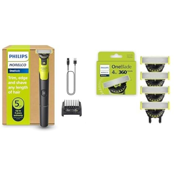Philips Norelco OneBlade 360 Electric Beard Trimmer & Shaver, QP4530/90 with Philips Norelco OneBlade 360 Replacement Blades, 4 Pack, QP440/80 - Comfort, Precision, Versatility