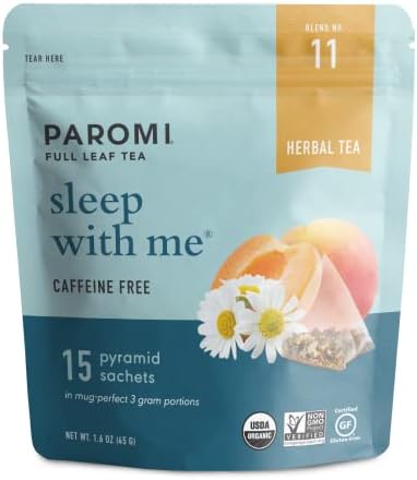 Paromi Organic Sleep with Me Herbal Tea, Resealable Pouch, 15 Count โ Chamomile, Honeybush & Apple, Caffeine Free, Pyramid Sachets