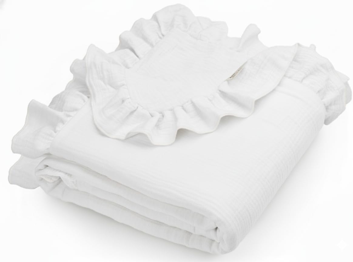 Muslin Ruffled Baby Blanket, Extra Large 52 x 52 Inches, Soft Breathable Cotton Crib Blanket for Newborn Infant Toddler (White-Ruffled, Printed)