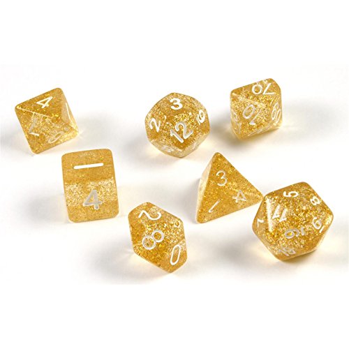 7x polyhedral glitter dice set for role and tabletop games in gold including velvet bag