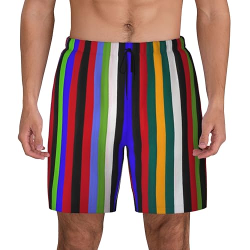 Men's Colored Stripes Print Quick-Dry Mesh Swim Trunks Stretch Lining Beach Shorts Surfing Summer Vacations Black2