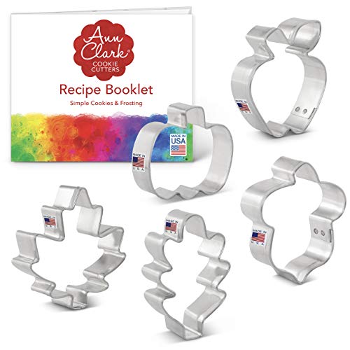 Ann Clark Cookie Cutters 5-Piece Mini Thanksgiving Cookie Cutter Set with Recipe Booklet, Mini Maple Leaf, Mini Oak Leaf, Mini Pumpkin, Mini Apple and Mini Acorn