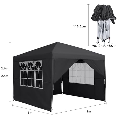 SAILUN 3x3m Party Tent Foldable Pavilion with 4 Side Walls Waterproof Suitable for Festivals,Pop Up Gazebo Parties and Camping Ideal for Winter Events and Garden, Black - Image 2