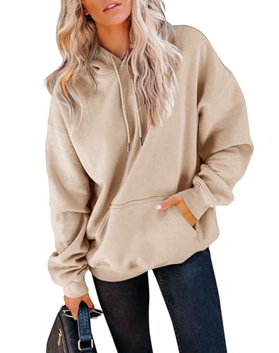 Yuccalley Women's Long Sleeve Fashion Pocket Hoodies Casual Pullover Tops, Apricot, Medium