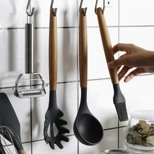 Set Da Cucina 12 Pezzi In Silicone Nero Con Supporto, Utensili Antiaderenti E Resistenti Al Calore (230°C)