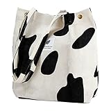 Corduroy Tote Bag for Women Cute Reusable Bag with Inner Pocket for Shopping Grocery Beach (Cow)