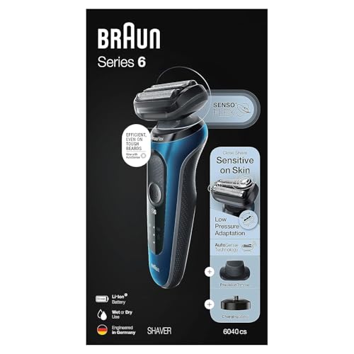 Image of Braun Series 6 6040cs Electric Shaver with Charging Stand, Precision Trimmer, Wet & Dry, Rechargeable, Cordless Foil Shaver, Blue