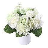 Bringsine Artificial Daisy Dahlia Flower for Bridal Wedding Bouquet Arrangement Home Decorative,-Bunch Hotel Party Garden Floral-White&Green
