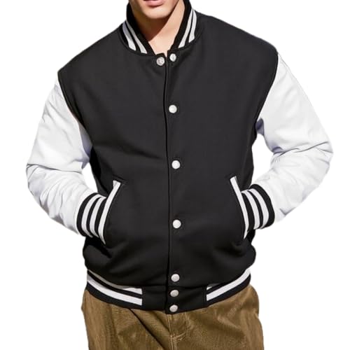 Image of Men's Varsity Jacket Faux Leather Sleeve Wool Blend Letterman Jacket - High School Baseball Bomber Jackets for Men