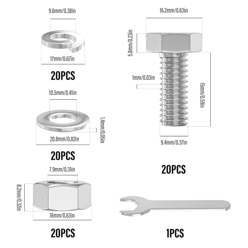 Image of 20PCS 3 /8-16 x 5 /8 inch 304 Stainless Steel Fully Threaded Bolt with Nut Flat & Lock Washers and Spanner
