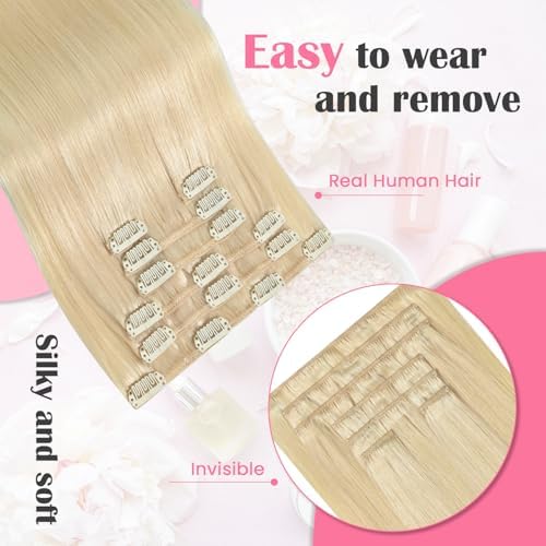 Aison Clip in Hair Extensions Real Human Hair Platinum Blonde Extensions Clip ins Remy Human Hair 75G/7Pcs Soft Silky 16clips for Women 18 Inch
