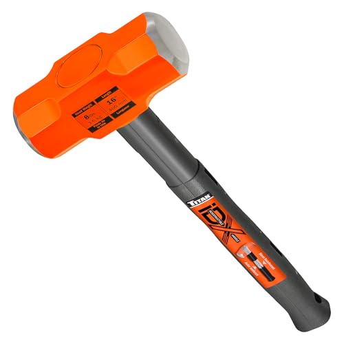 Image of Titan iDX 63618 8lb Sledge Hammer with 16 inch Indestructible Handle Reinforced with Steel Locking Plates & Steel Bars, Vulcanized Rubber Grip, Oevrstrike Protection