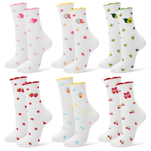 Image of 6 Pairs Women's Cute Crew Socks, Casual Athletic Cotton Cherry Heart Strawberry Calf Novelty Socks for Women